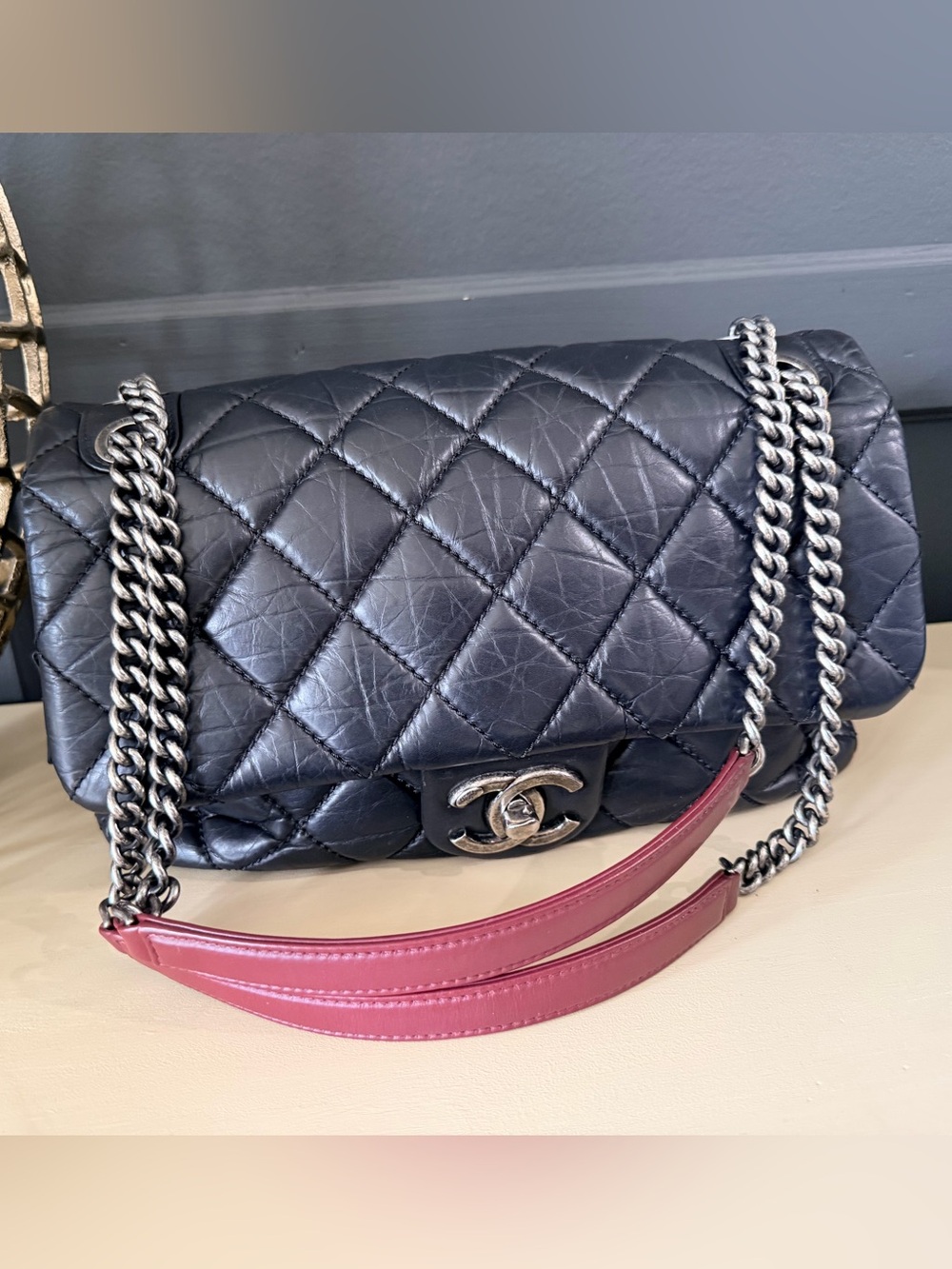 Chanel Shoulder Flap Bag Black Quilted Lambskin w/burgundy | Ruthenium Hardware